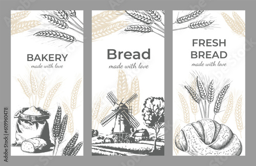 Set of posters in vintage style, baking design. Vector drawing monochromatic drawing on the theme of baking. Poster, flyer, banner template. Design elements