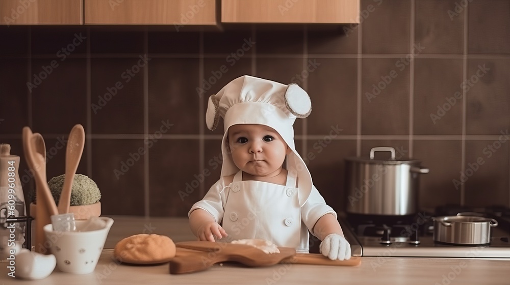 little child in the kitchen, cute baby dressed as a chef, standing in a kitchen, Generative AI