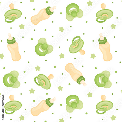 Seamless pattern with baby nipples and bottle, baby items