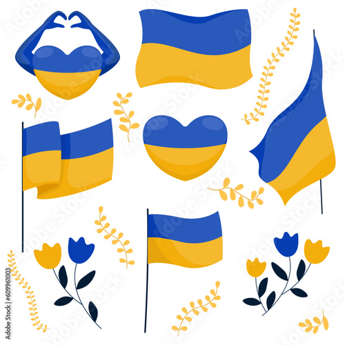 Illustrations with the flag of Ukraine, set of illustrations, clip-art, vector