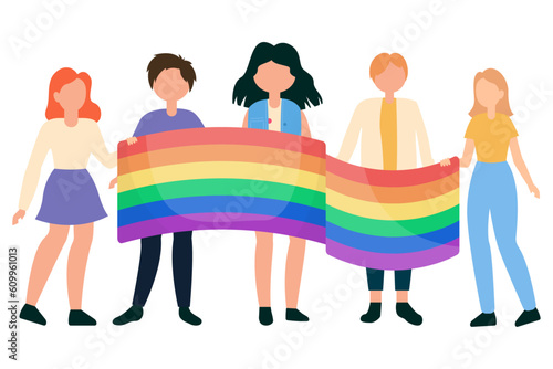 Pride month, illustrations with the LGBT flag, people holding a big flag 