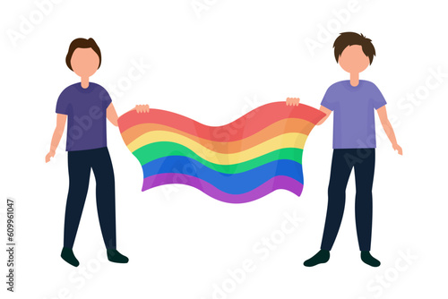 Pride month, illustrations with the LGBT flag, two guys holding a developing flag  