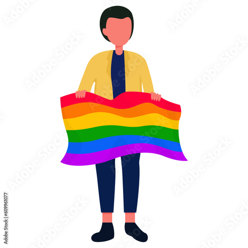 Pride month, illustrations with the LGBT flag, guy holding a developing flag 