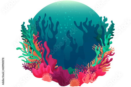 Colorful summer illustration with underwater world, fish, coral reefs, seaweed, beautiful ocean, vector  