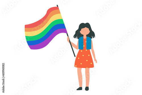 Pride month, illustrations with the LGBT flag, girl holding a large flag 