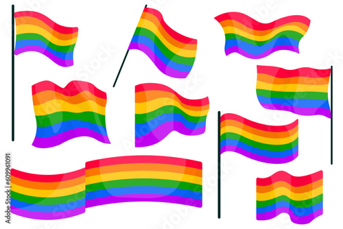 Pride month, illustrations with LGBT flag, set of developing flags of different shapes, clip art, vector