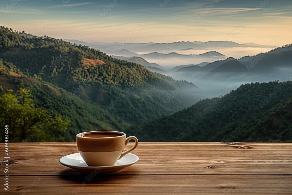 Top view serenity. Hot breakfast fresh cup of coffee on wooden table blur background Top view serenity. Hot breakfast fresh cup of coffee on wooden table blur background