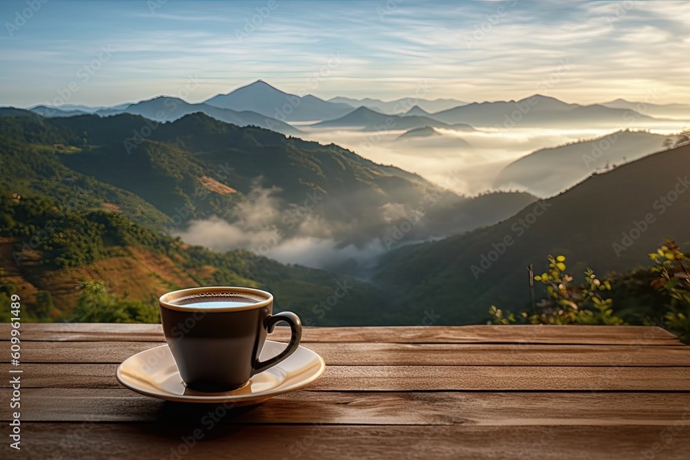 Top view serenity. Hot breakfast fresh cup of coffee on wooden table blur background Top view serenity. Hot breakfast fresh cup of coffee on wooden table blur background