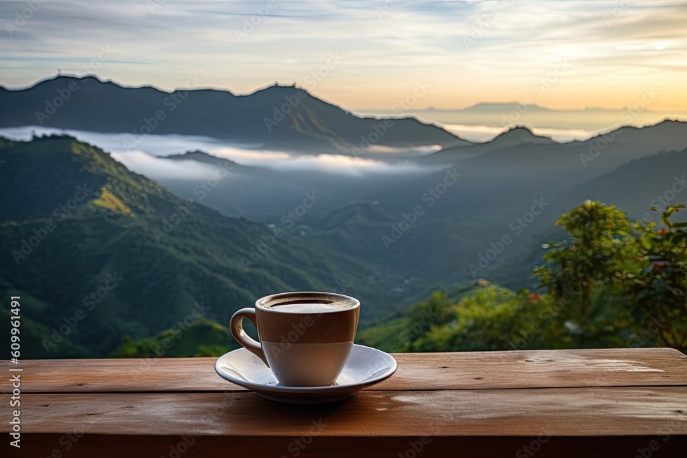 Top view serenity. Hot breakfast fresh cup of coffee on wooden table blur background Top view serenity. Hot breakfast fresh cup of coffee on wooden table blur background