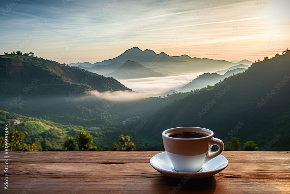 Top view serenity. Hot breakfast fresh cup of coffee on wooden table blur background Top view serenity. Hot breakfast fresh cup of coffee on wooden table blur background