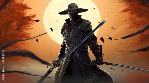 silhouette of a ninja warrior, ninja wallpaper, ninja warrior with sword, Generative AI