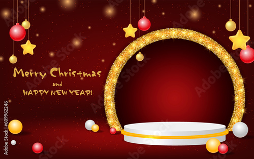 Christmas and New Year red vector background with white podium and evening balls