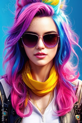 Glamorous hipster teenager in sunglasses. Vertical view portrait of millennial pretty girl with clothing and hairstyle in neon colors.   oncept of nightclub. Generative AI