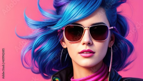 Glamorous hipster teenager in sunglasses. Portrait of millennial pretty girl with clothing and hairstyle in neon colors.   oncept of nightclub. Generative AI