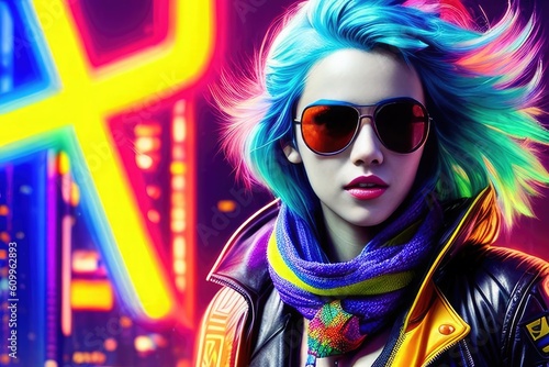 Glamorous hipster teenager in sunglasses. Portrait close up of millennial pretty girl with clothing and hairstyle in neon colors. Сoncept of nightclub. Generative AI