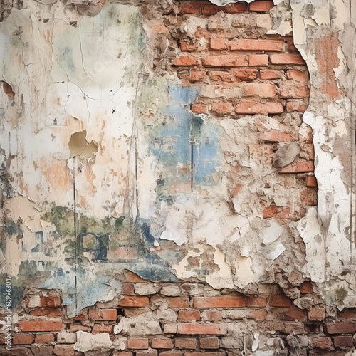 Old brick wall with traces of old plaster  ruined surface.