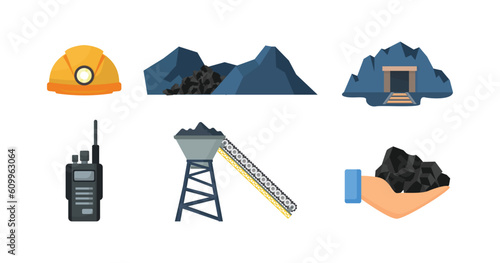 Mining equipment and Mining industry set. Mining of minerals and resources in mines.