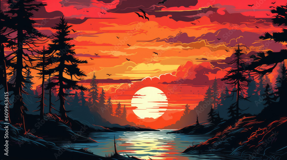 Beautiful Sunset Art with Waters Vector Style Illustration. With Licensed Generative AI Technology Assistance.