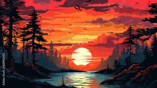 Beautiful Sunset Art with Waters Vector Style Illustration. With Licensed Generative AI Technology Assistance. © Michael_G