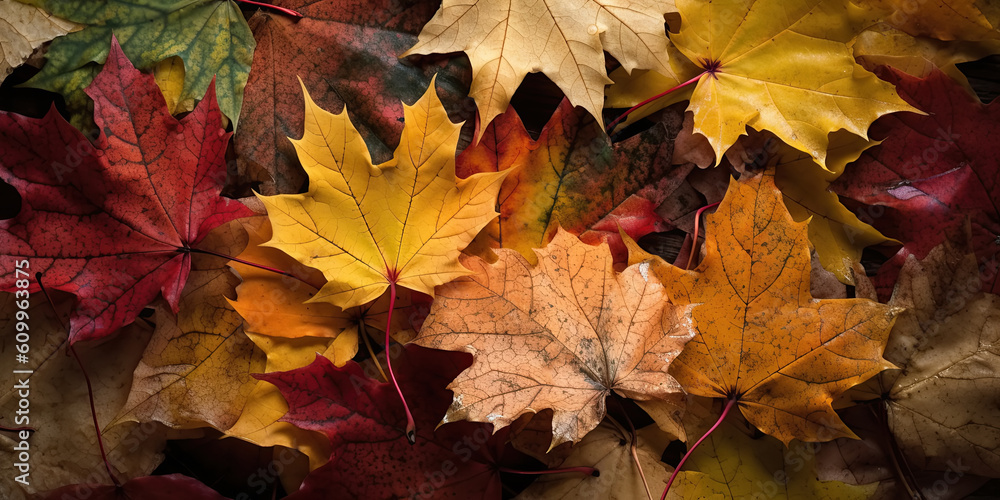 orange fallen maple leaves in autumn. Generative AI orange fallen maple leaves in autumn. Generative AI