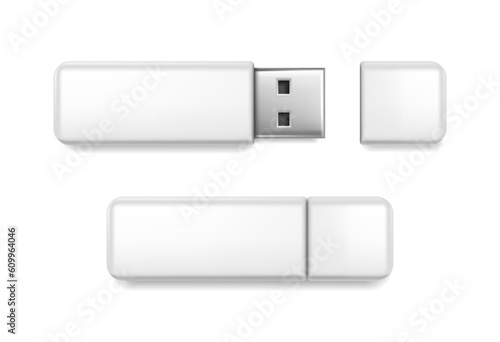 3d realistic vector icon. White  USB flash drive. Isolated on white background.