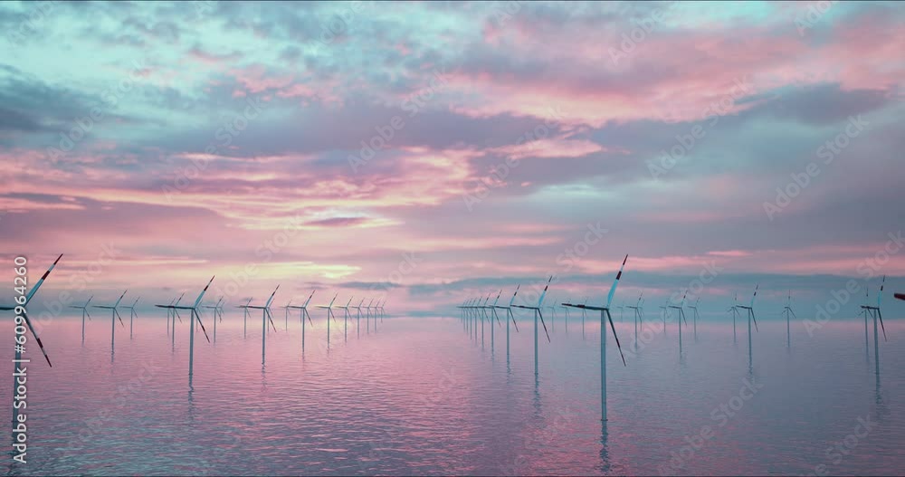 Wind Turbines Harnessing Ocean Winds at Sunset, offshore wind farm.