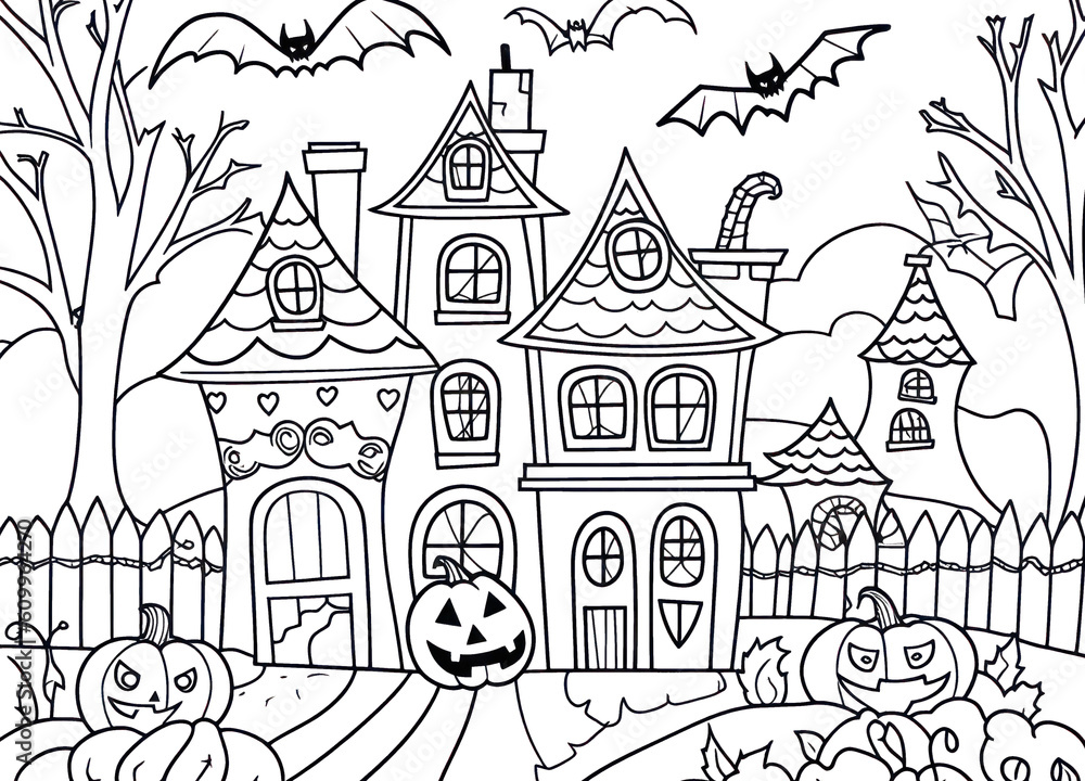 Charming Halloween illustration in black and white, ideal for kids' coloring fun with enchanting playful details to ignite young minds. Get this striking image now! Generative AI