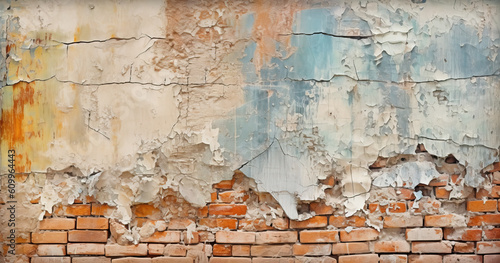 Old brick wall with traces of old plaster, ruined surface.