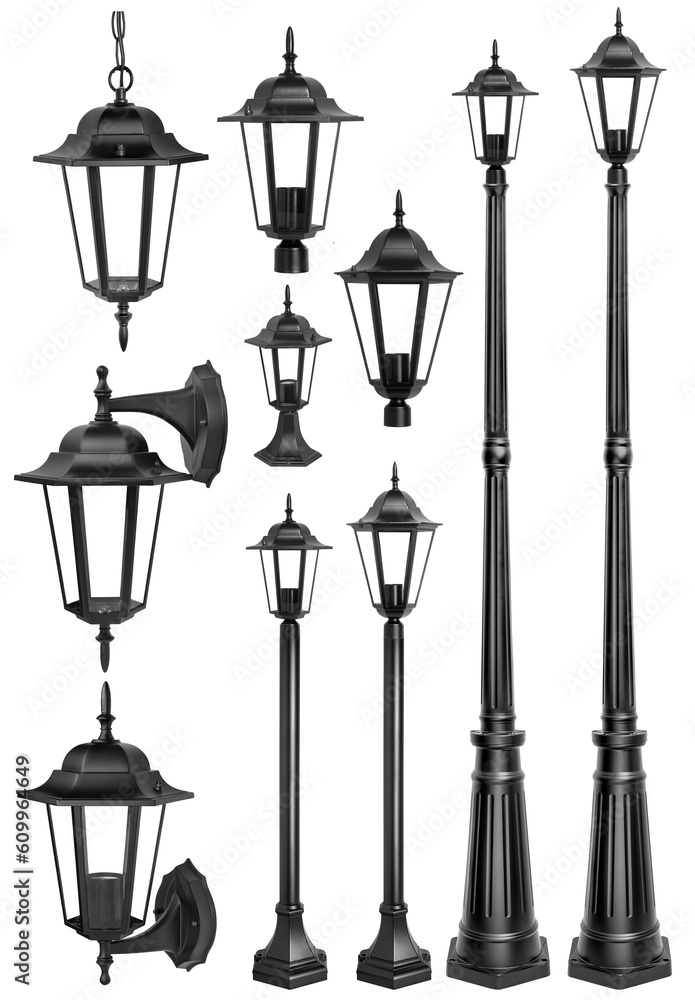 full set of black classic street light isolated