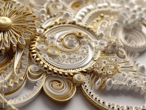 Paper made Quilling craft technic white and gold abstract background lines Created with Generative AI technology
