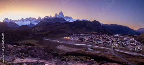 Panoramic view of El Chalten at sunset and Mount Fitz Roy. Patagonia, Argentina.