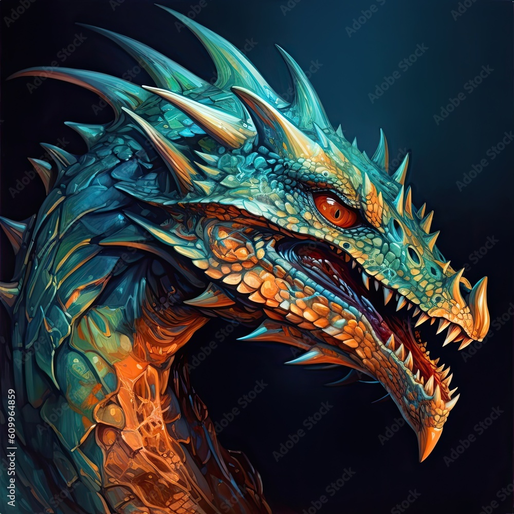 Naklejka premium Dragon's head spiked on a dark background. Generate Ai Generative AI