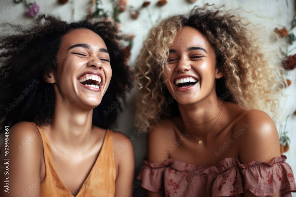 Optimistic young friends with curly hair smiling and while standing near wall Optimistic young friends with curly hair smiling and while standing near wall