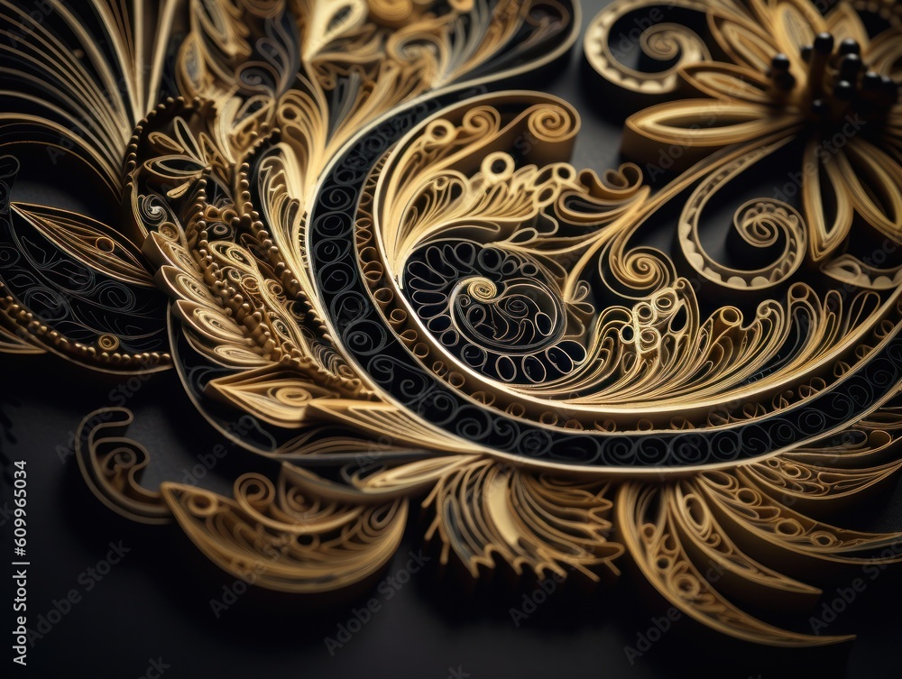 Paper made Quilling craft technic black and gold abstract background lines Created with Generative AI technology