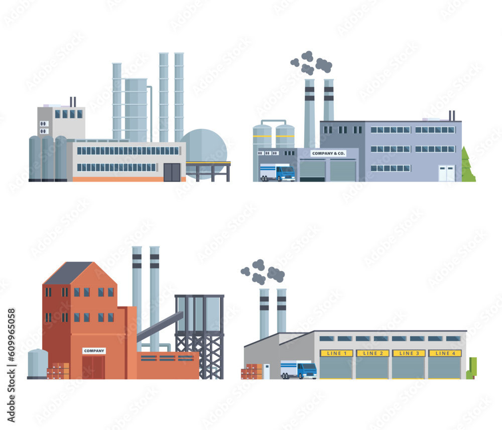 Vector element factory buildings collection. Flat design concept for city illustration Vector element factory buildings collection. Flat design concept for city illustration