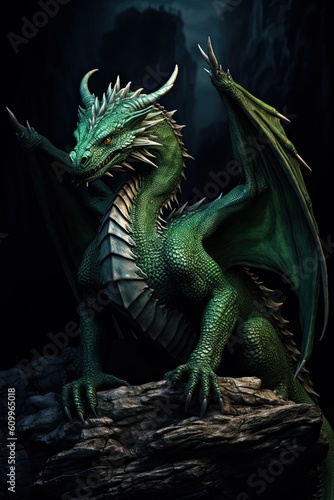 Green dragon with wings with horns against the background of rocks. Generate Ai Generative AI