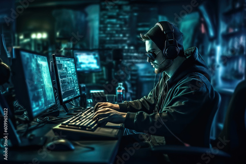 Photo of a hacker working on a computer at a desk photo