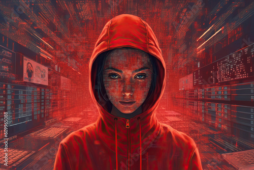 Photo of a hacker with hood in a futuristic background photo