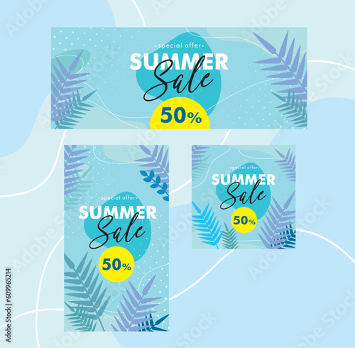 Collection of blue refreshing summer sale template. Colorful summer background design banners. Horizontal poster, website header, story, post. Vector illustration