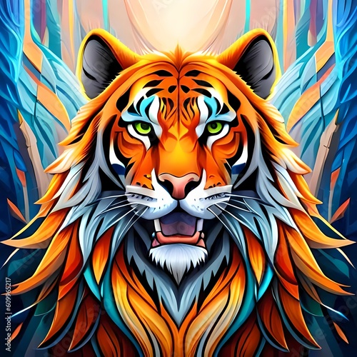 Beautiful tiger head image with color art illustration  generative Ai art