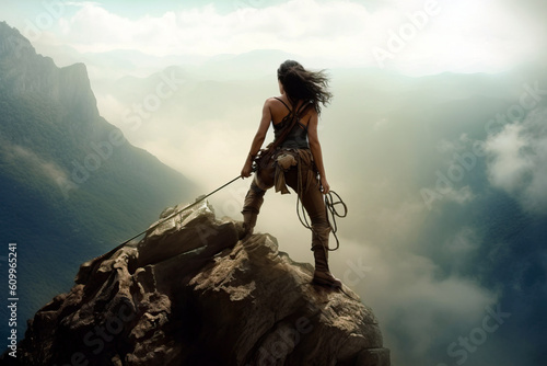 Ai generative illustration of woman climbing a mountain in the peak at sunset enjoying the views