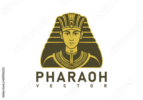 Vector logo, portrait of the ancient Egyptian golden ruler of the young pharaoh in the national crown. White isolated background.