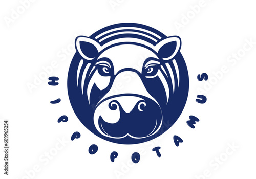 Vector simple graphic monochrome logo. Blue round stylistic hippopotamus head. White isolated background. Sticker or icon.