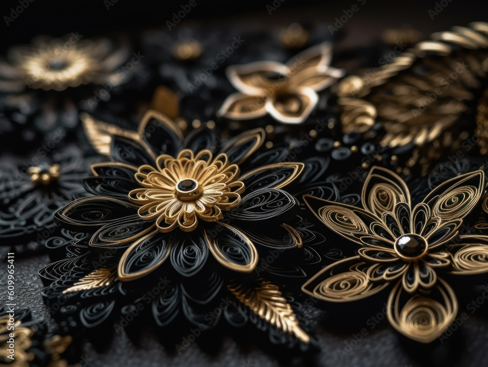 Paper made Quilling craft technic black and gold abstract background lines Created with Generative AI technology Paper made Quilling craft technic black and gold abstract background lines Created with Generative AI technology