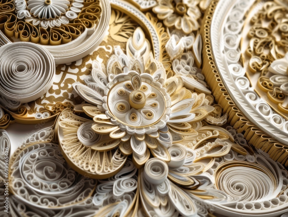 Paper made flowers Quilling craft technic white and gold abstract background lines Created with Generative AI technology