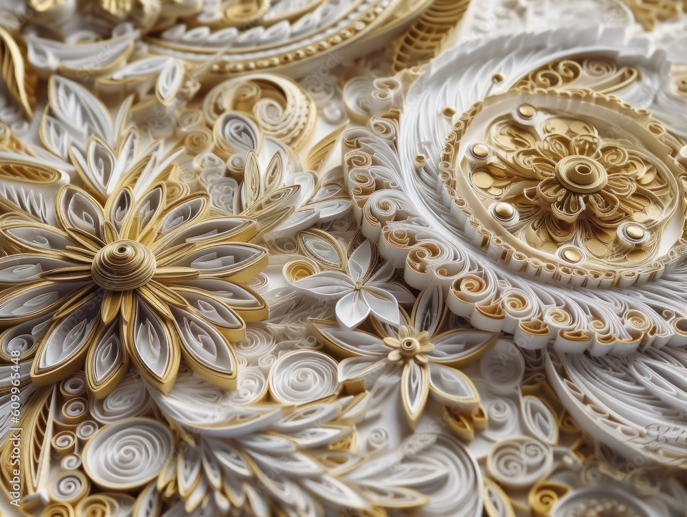 Paper made Quilling craft technic white and gold abstract background lines Created with Generative AI technology Paper made Quilling craft technic white and gold abstract background lines Created with Generative AI technology