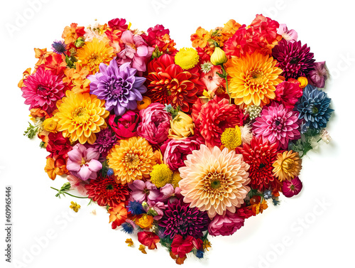 Heart made of beautiful flowers on light background. Bouquet of flowers in the shape of a heart. Ai generative