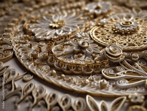 Paper made Quilling craft technic white and gold abstract background lines Created with Generative AI technology