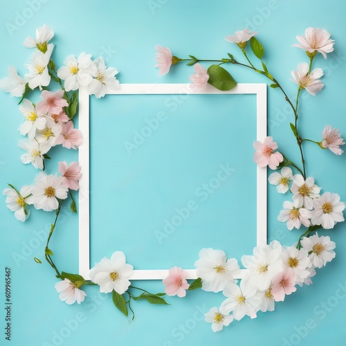 White frame on a blue background with cherry blossoms surrounding it.