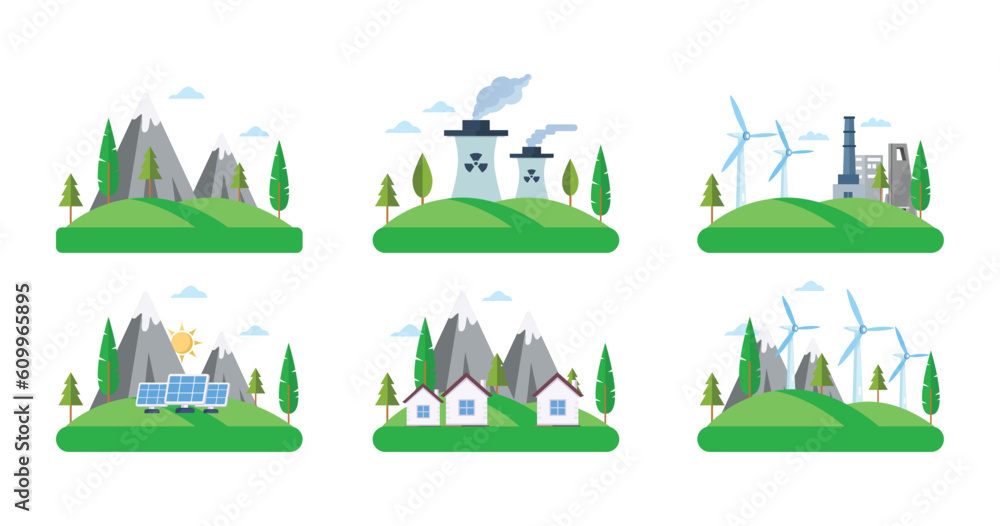Clean and polluting electricity generation, Nuclear power plants versus clean solar panels and renewable energy wind turbines. Clean and polluting electricity generation, Nuclear power plants versus clean solar panels and renewable energy wind turbines.